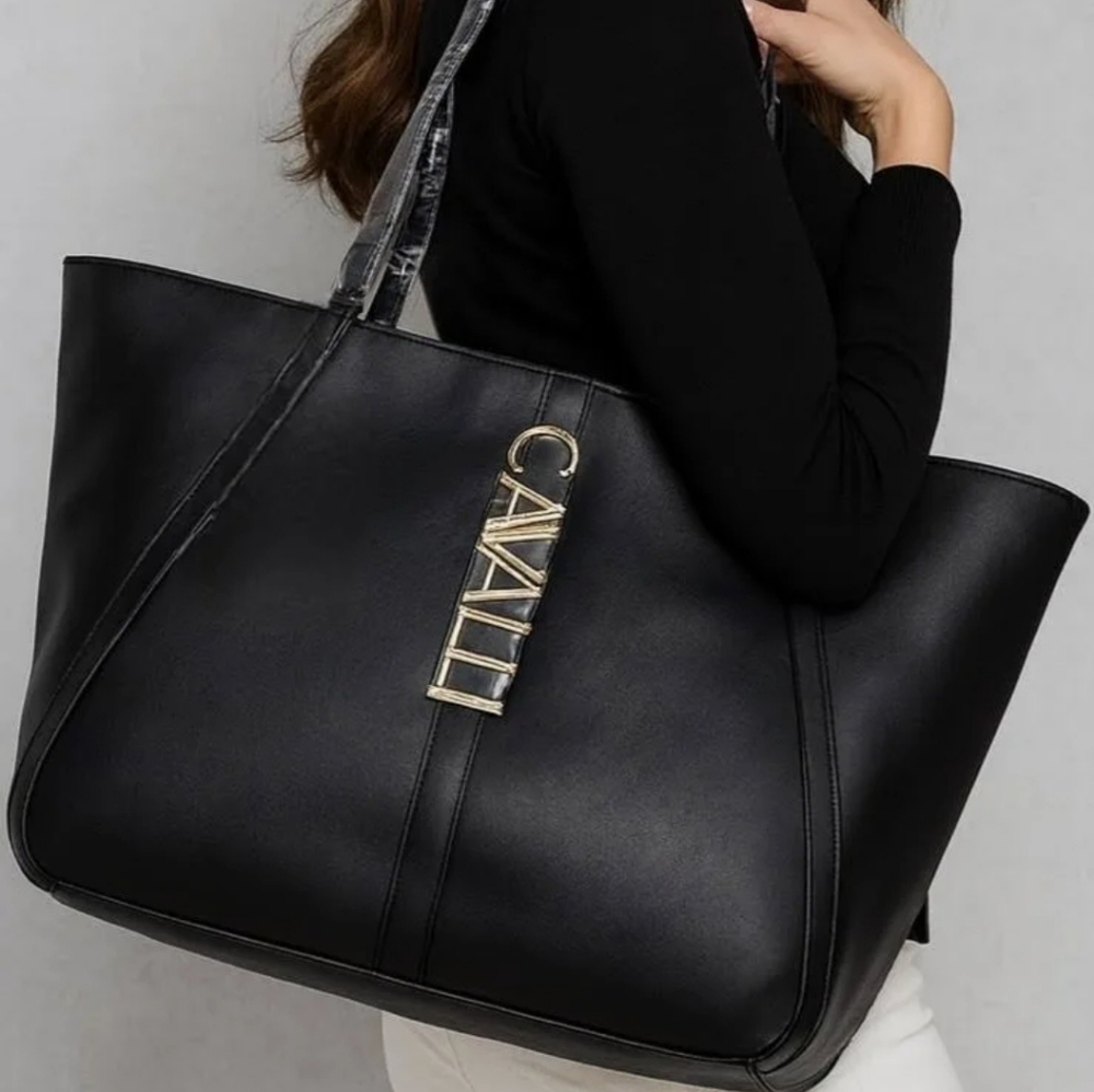 ** Sold***Cavalli Class Black Leather Tote with Gold Accent